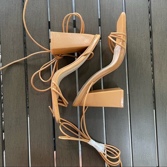 PrettyLittleThing Shoes - PRETTYLITTLETHING SQUARE TOE CAMEL BLOCK HEEL STRAPPY HELLS!!